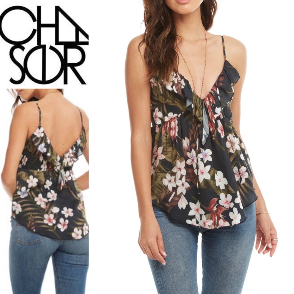 NWT CHASER Floral Ruffle Strappy V Cami Top L